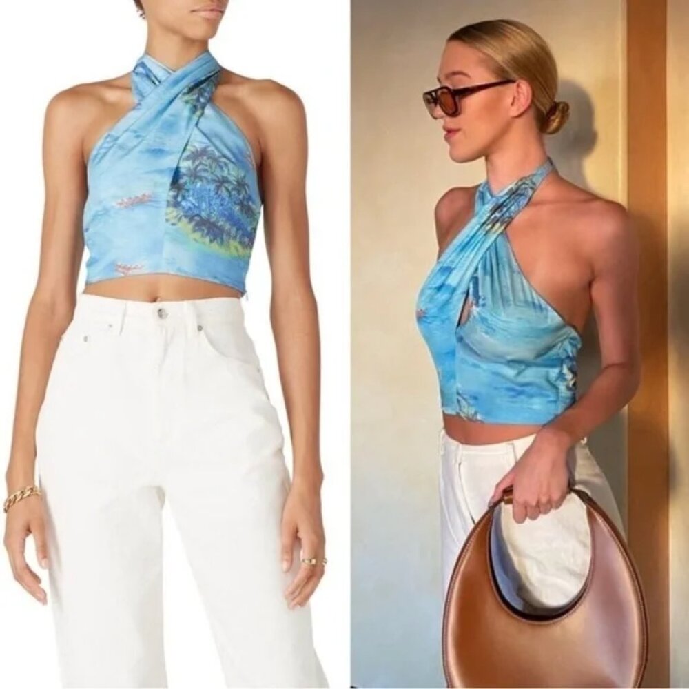 STAUD Tropical Island Print Twist Front Open Back Halter Tie Neck Crop Top S